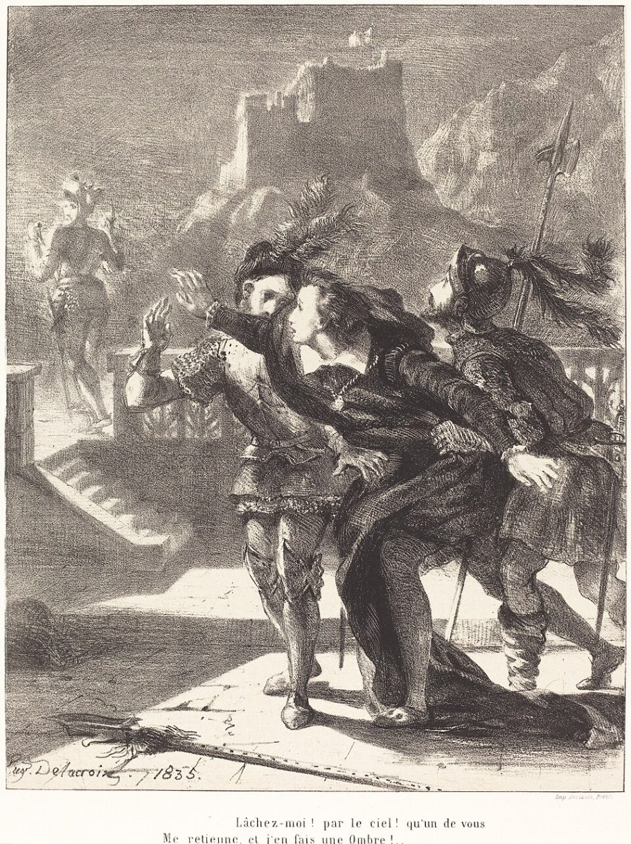 Eugène Delacroix — Hamlet Wishes to Follow the Ghost of His Father (1835)